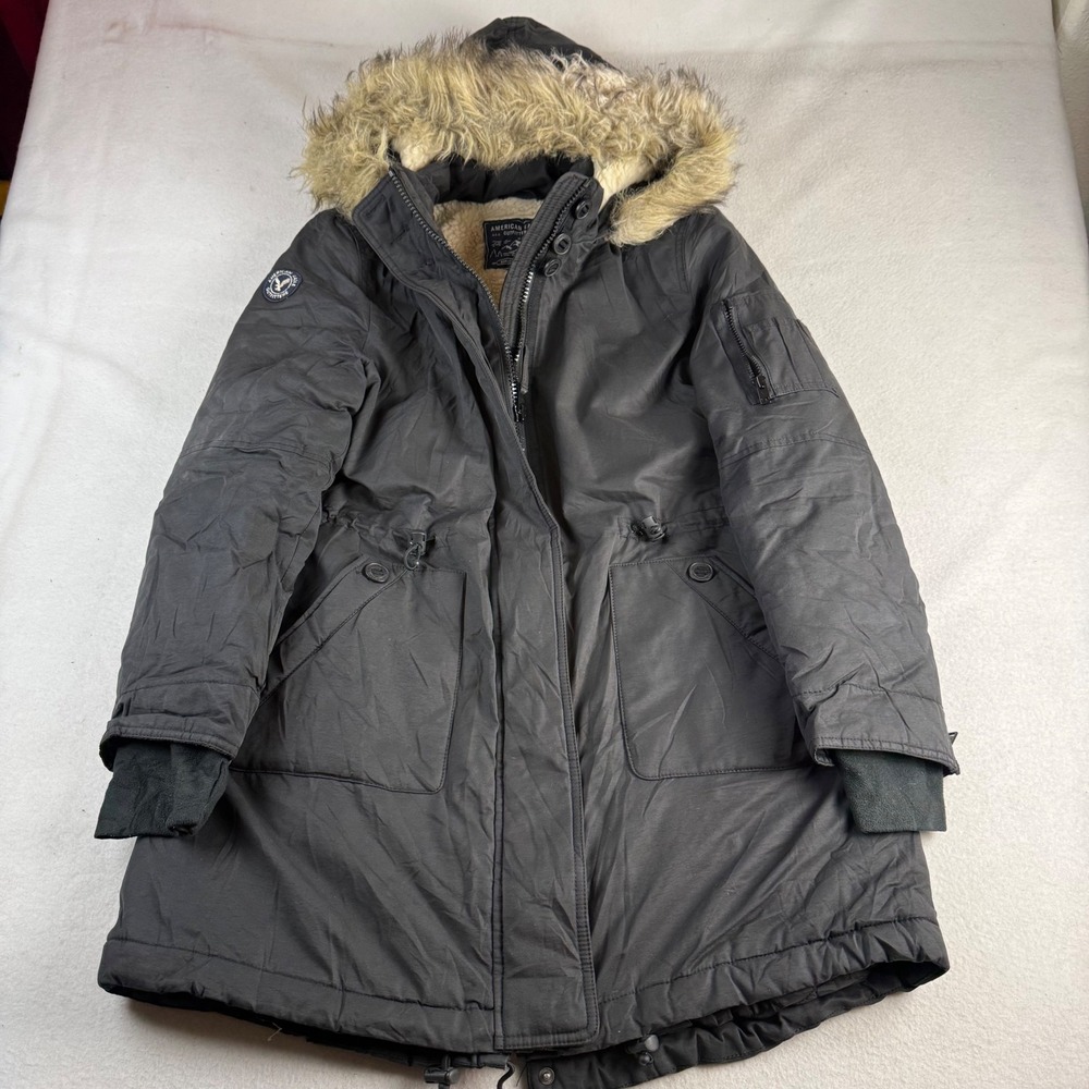 American Eagle Outfitters Womens XL Black Sherpa Lined Faux Fur Parka Jacket